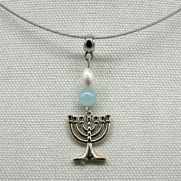 Choker with Freshwater Pearl and Aqua Chalcedony stone. Menorah pendant. - Picture 2 of 3